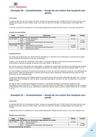 boletim empresarial
41
Exemplo 50 – Investimentos – Venda de um activo fixo tangível com
ganho
Enunciado
A empresa Alfa, SA, em 2 de Janeiro de 200n, vendeu um equipamento por € 25.000 (mais IVA à taxa normal), cuja
quantia escriturada era de € 18.000, sendo o seu valor de custo de € 45.000 e as depreciações acumuladas de €
27.000.
A vida útil do activo foi estimada em 10 anos (depreciações pelo método da linha recta) e o seu valor residual nulo.
Registo das operações
Data Conta Descritivo Débito Crédito
Contabilização da factura (ou documento equivalente) da venda
02-01-200n 278x Outros devedores 30.750
24331 IVA liquidado 5.750
7871 Ganhos em investimentos não financeiros 25.000
Desreconhecimento do activo
02-01-200n 4383 Depreciações acumuladas 27.000
7871 Ganhos em investimentos não financeiros 18.000
433 Equipamento básico 45.000
Enquadramento
Um activo fixo tangível deve ser desreconhecido do balanço no momento da sua alienação ou quando não se espere
futuros benefícios económicos do seu uso ou alienação.
O ganho, que não deve ser classificado como rédito, ou a perda realizada no momento do desreconhecimento é
reconhecido em ganhos ou perdas do exercício em curso (NCRF 7, §§ 66 e 67).
No caso do activo ter sido objecto de revalorização, a diferença de revalorização (excedente de revalorização) residual
deve ser reconhecida directamente em resultados transitados, sem passar pela conta de resultados (NCRF 7, § 41).
Se, uma entidade reconhecer na quantia escriturada de um item do activo fixo tangível o custo de uma substituição de
parte do item, então ela dereconhece a quantia escriturada da parte substituída independentemente desta ter sido
depreciada ou não separadamente.
Se não for praticável que uma entidade determine a quantia escriturada da parte substituída, ela pode usar o custo da
substituição como indicação do custo da parte substituída reportada ao momento em que foi adquirida ou construída
(NCRF 7, § 69).
No caso do valor a receber pela alienação ser diferido, a retribuição recebida é reconhecida inicialmente pelo
equivalente ao preço a dinheiro. A diferença entre a quantia nominal da retribuição e o equivalente ao preço a dinheiro
é reconhecida como rédito de juros, reflectindo o rendimento efectivo sobre a conta a receber (NCRF 20, § 11 e NCRF
7, § 71).
Exemplo 51 – Investimentos – Venda de um activo fixo tangível com
perda
Enunciado
A empresa Alfa, SA, em 2 de Janeiro de 200n, vendeu um equipamento por € 15.000 (mais IVA à taxa normal), cuja
quantia escriturada era de € 18.000, sendo o seu valor de custo de € 45.000 e as depreciações acumuladas de €
27.000.
A vida útil do activo foi estimada em 10 anos (depreciações pelo método da linha recta) e o seu valor residual nulo.
Registo das operações
Data Conta Descritivo Débito Crédito
Contabilização da factura (ou documento equivalente) da venda
02-01-200n 278x Outros devedores 18.450
24331 IVA liquidado 3.450
6871 Perdas em investimentos não financeiros 15.000
Desreconhecimento do activo
 