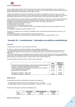 boletim empresarial
44
O valor residual pode aumentar até uma quantia igual ou superior à quantia escriturada do activo. Se assim for, o
gasto de depreciação do activo é zero a menos que, e até que, o seu valor residual diminua posteriormente para uma
quantia abaixo da quantia escriturada do activo (NCRF 7, § 54).
O gasto de depreciação de um período é geralmente reconhecido nos resultados. Contudo, por vezes, os futuros
benefícios económicos incorporados num activo são absorvidos na produção de outros activos. Neste caso, o gasto de
depreciação constitui parte do custo do outro activo e está incluído na sua quantia escriturada (NCRF 7, § 49)
Como consequência das incertezas inerentes às actividades empresariais, muitos itens nas demonstrações financeiras
não podem ser mensurados com precisão, podendo apenas ser estimados. A estimativa envolve juízos de valor
baseados na última informação disponível. Por exemplo, podem ser exigidas estimativas de:
(a) Débitos incobráveis (de Contas a Receber);
(b) Obsolescência de inventários;
(c) Justo valor dos activos e passivos financeiros;
(d) A vida útil de, ou o modelo esperado de consumo dos benefícios económicos futuros incorporados em, activos
depreciáveis; e
(e) Obrigações respeitantes a garantias (NCRF 4, § 27).
O efeito de uma alteração numa estimativa contabilística, deve ser reconhecido prospectivamente incluindo-o nos
resultados do:
(a) Período de alteração, se a alteração afectar apenas esse período; ou
(b) Período de alteração e futuros períodos, se a alteração afectar ambas as situações (NCRF 4, § 31)
Exemplo 54 – Investimentos – Alterações nas políticas contabilísticas
Enunciado
A empresa ALFA SA, iniciou a sua actividade no ano 200n.
Em 200(n+1) efectuou as seguintes alterações nas suas políticas contabilísticas:
- um equipamento adquirido no ano anterior por € 600.000, depreciado pelo método da linha recta, passou a ser
depreciado pelo método do saldo decrescente a uma taxa de 20% para o ano de 200n e de 15% para o ano de
200(n+1);
- os encargos financeiros de um empréstimo para construção de activos fixos tangíveis que tinham sido capitalizados,
tendo os juros sido imputados directamente sem passar pelas contas de gasto, passaram a ser considerados como um
gasto do período, tais encargos são de € 5.000 em 200n e de € 2.000 em 200(n+1).
As demonstrações financeiras de 200n e 200(n+1) são as seguintes:
200n
200(n+1)
Provisória
Resultados antes de depreciações, gastos de financiamento e impostos
Gastos / reversões de depreciação e de amortização
Resultado operacional (antes de gastos de financiamento e impostos)
Juros e gastos similares suportados
Resultados antes de impostos
Resultados transitados – Saldo inicial
Resultados transitados – saldo final
150.000
60.000
90.000
0
90.000
0
90.000
100.000
60.000
40.000
0
40.000
90.000
130.000
Assim, tem-se:
As alterações nas políticas contabilísticas da empresa são as seguintes:
- As depreciações de 200n deveriam ser de (600.000 x 20%) = € 120.000
- As depreciações de 200(n+1) devem ser de (600.000 – 120.000) x 15% = € 72.000
Os efeitos das alterações nas políticas contabilísticas são:
Linha recta Saldo decrescente Diferença
200n
200(n+1)
60.000
60.000
120.000
72.000
60.000
12.000
Registo das operações
 