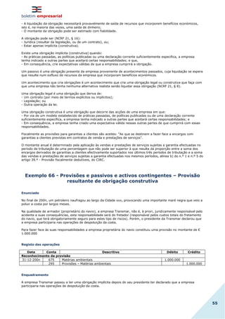 boletim empresarial
55
- A liquidação da obrigação necessitará provavelmente de saída de recursos que incorporem benefícios económicos,
isto é, na maioria das vezes, uma saída de dinheiro;
- O montante da obrigação pode ser estimado com fiabilidade.
A obrigação pode ser (NCRF 21, § 16):
- Jurídica (resultar da legislação, ou de um contrato), ou;
- Estar apenas implícita (construtiva).
Existe uma obrigação implícita (construtiva) quando:
- As práticas passadas, as políticas publicadas ou uma declaração corrente suficientemente especifica, a empresa
tenha indicado a outras partes que aceitará certas responsabilidades; e que,
- Em consequência, crie expectativas válidas de que a empresa cumprirá a obrigação.
Um passivo é uma obrigação presente da empresa proveniente de acontecimentos passados, cuja liquidação se espera
que resulte num exfluxo de recursos da empresa que incorporam benefícios económicos.
Um acontecimento que cria obrigações é um acontecimento que cria uma obrigação legal ou construtiva que faça com
que uma empresa não tenha nenhuma alternativa realista senão liquidar essa obrigação (NCRF 21, § 8).
Uma obrigação legal é uma obrigação que deriva de:
- Um contrato (por meio de termos explícitos ou implícitos);
- Legislação; ou
- Outra operação da lei.
Uma obrigação construtiva é uma obrigação que decorre das acções de uma empresa em que:
- Por via de um modelo estabelecido de práticas passadas, de políticas publicadas ou de uma declaração corrente
suficientemente específica, a empresa tenha indicado a outras partes que aceitará certas responsabilidades; e
- Em consequência, a empresa tenha criado uma expectativa válida nessas outras partes de que cumprirá com essas
responsabilidades.
Fiscalmente as provisões para garantias a clientes são aceites: “As que se destinem a fazer face a encargos com
garantias a clientes previstas em contratos de venda e prestações de serviços”.
O montante anual é determinado pela aplicação às vendas e prestações de serviços sujeitas a garantia efectuadas no
período de tributação de uma percentagem que não pode ser superior à que resulta da proporção entre a soma dos
encargos derivados de garantias a clientes efectivamente suportados nos últimos três períodos de tributação e a soma
das vendas e prestações de serviços sujeitas a garantia efectuadas nos mesmos períodos, alínea b) do n.º 1 e n.º 5 do
artigo 39.º - Provisão fiscalmente dedutíveis, do CIRC.
Exemplo 66 - Provisões e passivos e activos contingentes – Provisão
resultante de obrigação construtiva
Enunciado
No final de 200n, um petroleiro naufragou ao largo da Cidade xxx, provocando uma importante maré negra que veio a
poluir a costa por largos meses.
Na qualidade de armador (proprietário do navio), a empresa Transmar, não é, à priori, juridicamente responsável pelo
acidente e suas consequências, esta responsabilidade será do fretador (responsável pelos custos totais do fretamento
do navio, que terá obrigatoriamente seguro para estes tipo de riscos). Porém, o presidente da Transmar declarou que
a empresa participaria nas operações de despoluição da costa.
Para fazer face às suas responsabilidades a empresa proprietária do navio constituiu uma provisão no montante de €
1.000.000
Registo das operações
Data Conta Descritivo Débito Crédito
Reconhecimento da provisão
31-12-200n 675 Matérias ambientais 1.000.000
295 Provisões – Matérias ambientais 1.000.000
Enquadramento
A empresa Transmar passou a ter uma obrigação implícita depois do seu presidente ter declarado que a empresa
participaria nas operações de despoluição da costa.
 