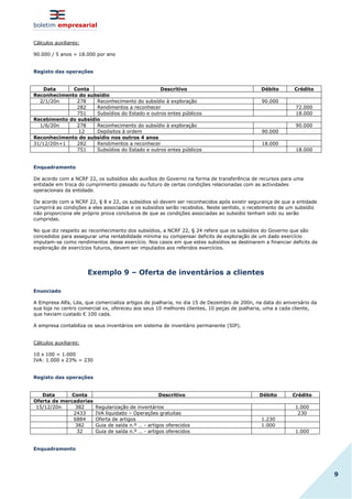 boletim empresarial
9
Cálculos auxiliares:
90.000 / 5 anos = 18.000 por ano
Registo das operações
Data Conta Descritivo Débito Crédito
Reconhecimento do subsídio
2/1/20n 278 Reconhecimento do subsídio à exploração 90.000
282 Rendimentos a reconhecer 72.000
751 Subsídios do Estado e outros entes públicos 18.000
Recebimento do subsídio
1/6/20n 278 Reconhecimento do subsídio à exploração 90.000
12 Depósitos à ordem 90.000
Reconhecimento do subsídio nos outros 4 anos
31/12/20n+1 282 Rendimentos a reconhecer 18.000
751 Subsídios do Estado e outros entes públicos 18.000
Enquadramento
De acordo com a NCRF 22, os subsídios são auxílios do Governo na forma de transferência de recursos para uma
entidade em troca do cumprimento passado ou futuro de certas condições relacionadas com as actividades
operacionais da entidade.
De acordo com a NCRF 22, § 8 e 22, os subsídios só devem ser reconhecidos após existir segurança de que a entidade
cumprirá as condições a eles associadas e os subsídios serão recebidos. Neste sentido, o recebimento de um subsídio
não proporciona ele próprio prova conclusiva de que as condições associadas ao subsídio tenham sido ou serão
cumpridas.
No que diz respeito ao reconhecimento dos subsídios, a NCRF 22, § 24 refere que os subsídios do Governo que são
concedidos para assegurar uma rentabilidade mínima ou compensar deficits de exploração de um dado exercício
imputam-se como rendimentos desse exercício. Nos casos em que estes subsídios se destinarem a financiar deficits de
exploração de exercícios futuros, devem ser imputados aos referidos exercícios.
Exemplo 9 – Oferta de inventários a clientes
Enunciado
A Empresa Alfa, Lda, que comercializa artigos de joalharia, no dia 15 de Dezembro de 200n, na data do aniversário da
sua loja no centro comercial xx, ofereceu aos seus 10 melhores clientes, 10 peças de joalharia, uma a cada cliente,
que haviam custado € 100 cada.
A empresa contabiliza os seus inventários em sistema de inventário permanente (SIP).
Cálculos auxiliares:
10 x 100 = 1.000
IVA: 1.000 x 23% = 230
Registo das operações
Data Conta Descritivo Débito Crédito
Oferta de mercadorias
15/12/20n 382 Regularização de inventários 1.000
2433 IVA liquidado – Operações gratuitas 230
6884 Oferta de artigos 1.230
382 Guia de saída n.º … - artigos oferecidos 1.000
32 Guia de saída n.º … - artigos oferecidos 1.000
Enquadramento
 