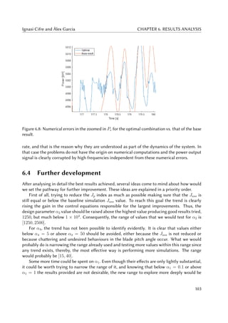 Ignasi Cifre and Àlex Garcia CHAPTER 6. RESULTS ANALYSIS
Figure 6.8: Numerical errors in the zoomed in Pe for the optimal combination vs. that of the base
result.
rate, and that is the reason why they are understood as part of the dynamics of the system. In
that case the problems do not have the origin on numerical computations and the power output
signal is clearly corrupted by high frequencies independent from these numerical errors.
6.4 Further development
After analysing in detail the best results achieved, several ideas come to mind about how would
we set the pathway for further improvement. These ideas are explained in a priority order.
First of all, trying to reduce the Jp index as much as possible making sure that the Jass is
still equal or below the baseline simulation Jass value. To reach this goal the trend is clearly
rising the gain in the control equations responsible for the largest improvements. Thus, the
design parameter α2 value should be raised above the highest value producing good results tried,
1250, but much below 1 × 104
. Consequently, the range of values that we would test for α2 is
[1250, 2500].
For α4, the trend has not been possible to identify evidently. It is clear that values either
below α4 = 5 or above α4 = 50 should be avoided, either because the Jass is not reduced or
because chattering and undesired behaviours in the blade pitch angle occur. What we would
probably do is narrowing the range already used and testing more values within this range since
any trend exists, thereby, the most effective way is performing more simulations. The range
would probably be [15, 40].
Some more time could be spent on α1. Even though their effects are only lightly substantial,
it could be worth trying to narrow the range of it, and knowing that below α1 = 0.1 or above
α1 = 1 the results provided are not desirable, the new range to explore more deeply would be
103
 