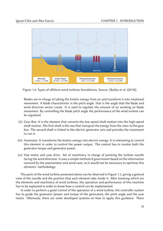 Ignasi Cifre and Àlex Garcia CHAPTER 1. INTRODUCTION
Figure 1.4: Types of offshore wind turbines foundations. Source: [Bailey et al. (2014)].
Blades are in charge of taking the kinetic energy from air and transform it into rotational
movement. A blade characteristic is the pitch angle. that is the angle that the blade and
wind direction vector create. It is used to regulate the amount of air working on blade
movement. By controlling the blade pitch angle the performance of the wind turbine can
be regulated.
(ii) Gear Box. It is the element that converts the low-speed shaft motion into the high-speed
shaft motion. The first shaft is the one that transport the energy from the rotor to the gear
box. The second shaft is linked to the electric generator axis and provides the movement
to run it.
(iii) Generator. It transforms the kinetic energy into electric energy. It is interesting to control
this element in order to control the power output. The control has to involve both the
generator torque and generator power.
(iv) Yaw motor and yaw drive. Set of machinery in charge of pointing the turbine nacelle
facing the wind direction. It uses a simple method of government based on the information
received by the anemometer and wind vane, so it would not be necessary to optimise this
elements’ methodology.
The parts of the wind turbine presented above can be observed in Figure 1.5, giving a general
view of the nacelle and the position that each element take inside it. After knowing which are
the elements and machinery of wind turbines, the operation and performance of this machine
has to be explained in order to know how a control can be implemented.
In order to perform a good control of the operation of a wind turbine, the controller system
has to guide the generator (power and torque of the generator), the pitch angle and the yaw
motor. Obviously, there are some developed systems on how to apply this guidance. There
19
 