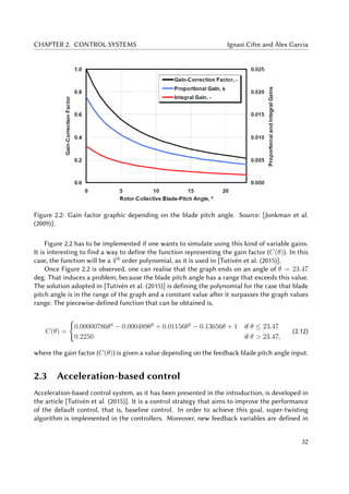 CHAPTER 2. CONTROL SYSTEMS Ignasi Cifre and Àlex Garcia
Figure 2.2: Gain factor graphic depending on the blade pitch angle. Source: [Jonkman et al.
(2009)].
Figure 2.2 has to be implemented if one wants to simulate using this kind of variable gains.
It is interesting to find a way to define the function representing the gain factor (C(θ)). In this
case, the function will be a 4th
order polynomial, as it is used in [Tutivén et al. (2015)].
Once Figure 2.2 is observed, one can realise that the graph ends on an angle of θ = 23.47
deg. That induces a problem, because the blade pitch angle has a range that exceeds this value.
The solution adopted in [Tutivén et al. (2015)] is defining the polynomial for the case that blade
pitch angle is in the range of the graph and a constant value after it surpasses the graph values
range. The piecewise-defined function that can be obtained is,
C(θ) =
0.00000786θ4
− 0.000489θ3
+ 0.01156θ2
− 0.13656θ + 1 if θ ≤ 23.47
0.2250 if θ > 23.47,
(2.12)
where the gain factor (C(θ)) is given a value depending on the feedback blade pitch angle input.
2.3 Acceleration-based control
Acceleration-based control system, as it has been presented in the introduction, is developed in
the article [Tutivén et al. (2015)]. It is a control strategy that aims to improve the performance
of the default control, that is, baseline control. In order to achieve this goal, super-twisting
algorithm is implemented in the controllers. Moreover, new feedback variables are defined in
32
 