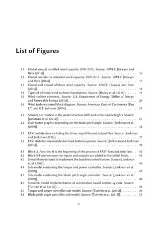 List of Figures
1.1 Global annual installed wind capacity 2000-2015. Source: GWEC [Sawyer and
Reve (2016)]. . . . . . . . . . . . . . . . . . . . . . . . . . . . . . . . . . . . . . . . 16
1.2 Global cumulative installed wind capacity 2000-2015. Source: GWEC [Sawyer
and Reve (2016)]. . . . . . . . . . . . . . . . . . . . . . . . . . . . . . . . . . . . . 17
1.3 Global and annual offshore wind capacity. Source: GWEC [Sawyer and Reve
(2016)]. . . . . . . . . . . . . . . . . . . . . . . . . . . . . . . . . . . . . . . . . . . 18
1.4 Types of offshore wind turbines foundations. Source: [Bailey et al. (2014)]. . . . . 19
1.5 Wind turbine elements. Source: U.S. Department of Energy [Office of Energy
and Renewable Energy (2016)]. . . . . . . . . . . . . . . . . . . . . . . . . . . . . . 20
1.6 Wind turbine control block diagram. Source: American Control Conference [Pao
L.Y. and K.E. Johnson (2009)]. . . . . . . . . . . . . . . . . . . . . . . . . . . . . . . 21
2.1 Sensors distribution in the jacket structure (left) and in the nacelle (right). Source:
[Jonkman et al. (2012)]. . . . . . . . . . . . . . . . . . . . . . . . . . . . . . . . . . 27
2.2 Gain factor graphic depending on the blade pitch angle. Source: [Jonkman et al.
(2009)]. . . . . . . . . . . . . . . . . . . . . . . . . . . . . . . . . . . . . . . . . . . 32
3.1 FAST architecture including the driver, input files and output files. Source: [Jonkman
and Jonkman (2016)]. . . . . . . . . . . . . . . . . . . . . . . . . . . . . . . . . . . 37
3.2 FAST distribution modules for fixed-bottom systems. Source: [Jonkman and Jonkman
(2016)]. . . . . . . . . . . . . . . . . . . . . . . . . . . . . . . . . . . . . . . . . . . 39
4.1 Block S_Function. It is the beginning of the process of FAST-Simulink interface. . 42
4.2 Block S-Function once the inputs and outputs are added to the initial block. . . . 43
4.3 Simulink model used to implement the baseline control system. Source: [Jonkman
et al. (2009)]. . . . . . . . . . . . . . . . . . . . . . . . . . . . . . . . . . . . . . . . 46
4.4 Sub-model containing the torque and power controller. Source: [Jonkman et al.
(2009)]. . . . . . . . . . . . . . . . . . . . . . . . . . . . . . . . . . . . . . . . . . . 47
4.5 Sub-model containing the blade pitch angle controller. Source: [Jonkman et al.
(2009)]. . . . . . . . . . . . . . . . . . . . . . . . . . . . . . . . . . . . . . . . . . . 48
4.6 Simulink model implementation of acceleration-based control system. Source:
[Tutivén et al. (2015)]. . . . . . . . . . . . . . . . . . . . . . . . . . . . . . . . . . . 49
4.7 Torque and power controller sub-model. Source: [Tutivén et al. (2015)]. . . . . . . 50
4.8 Blade pitch angle controller sub-model. Source: [Tutivén et al. (2015)]. . . . . . . 51
v
 