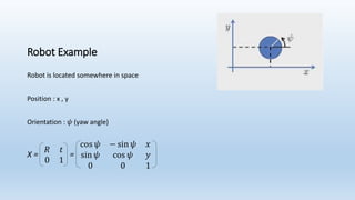 Robot Example
Robot is located somewhere in space
Position : x , y
Orientation : 𝜓 (yaw angle)
X =
𝑅 𝑡
0 1
=
cos 𝜓 − sin 𝜓 𝑥
sin 𝜓 cos 𝜓 𝑦
0 0 1
 