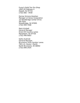 Furey's Solid Ten Pro Shop
1002 US Highway 9
Howell, NJ 07731
(732) 682 - 9430
Denise Simone-Garahan
Manager at Xerox Corporation
10 Woodbridge Center Drive
5th Floor
Woodbridge, NJ 07095
(732) 995-7268
Mark Kimball
General Manager
Knob Hill Country Lanes
Manalapan, NJ 07726
(732) 446-6003
Kathy Kubinak
General Manager
Brunswick Zone Carolier Lanes
790 U.S. Route 1 North
North Brunswick, NJ 08902
(732) 846-2424
 