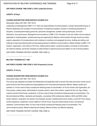 AIR FORCE COURSE: PME CODE U, NCO Leadership School
LENGTH: 20 Days.
COURSE DESCRIPTION FROM SERVICE COURSE FILE:
(Description dates JUN 1955 - OCT 2014)
Leadership and Management (LMM 1111): Role and responsibilities of working leaders; includes theories/techniques of
effective leadership and concepts of human behavior in leadership situations; practice in maintaining standards of
discipline, counseling/interviewing personnel, personnel management, problem solving techniques, and work
distribution; and social issues. Managerial Communications I (LMM 1112): Principles of oral and written communications
applicable to working leaders. Includes planning and organizing for effective communication through visual and verbal
support; preparation of correspondence with emphasis on sentence and paragraph structure, drafting and editing; and
methods of improving listening skills and decreasing barriers to effective communications. Military Studies I (LMM 1113):
Aviation, organization, and mission of Air force, military justice system, customs/courtesies, principles of world politics,
US national interests, and forces necessary to deter threats to national security and relation to role of working leaders.
(AIR FORCE TRAINING HISTORY COURSE: PME CODE U)
MILITARY TRAINING:OCT 1986
AIR FORCE COURSE: PME CODE X, NCO Preparatory Course
LENGTH: 51 Hours.
COURSE DESCRIPTION FROM SERVICE COURSE FILE:
(Description dates JUN 1955 - OCT 2014)
The course was designed to broaden the followership and leadership skills of airmen first class and senior airmen and to
groom them for their future duties and responsibilities as Air Force Noncommissioned Officers. Military studies and
activities: A 14-hour area of study including the following areas of concentration: Air Force mission and organization, Air
Force justice, military justice, administrative corrective actions, wear of the uniform, respect for the U.S. flag, military
customs and the Soviet threat. Leadership: A 32-hour area of study including the following areas of concentration: The
Noncommissioned Officer, standards and discipline, counseling, NCO professional relations, NCO and DOD civilian
worker relations, recognition and awards, the evaluation process, enlisted performance reports, current Air Force issues,
career progression, leadership, human relations in the Air Force, drug and alcohol abuse control, and personal
readiness. Communicative skills: A 5-hour area of study including the following areas of concentration: The
communicative process, effective listening and reading, effective writing, and effective speaking.
(AIR FORCE TRAINING HISTORY COURSE: PME CODE X)
_____________________________
_____________________________
VERIFICATION OF MILITARY EXPERIENCE AND TRAINING Page 9 of 11
 