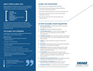 ABOUT DRAKE GLOBAL TECH
Might the global pool of talent be a solution for your organization?
Drake Global Tech is a division of Drake International specializing
in global & local recruitment in the following industries:
EPC/EPCM
CONSTRUCTION
MINING
OIL AND GAS
RENEWABLES (SOLAR AND WIND)
BIOTECHNOLOGY
TELECOM/IT
We assist companies around the world whose ability to grow
and create profit is being impacted by human capital shortages.
Drake Global Tech leverages our worldwide resources and expertise
to provide the very best in international recruitment and talent
management services.
THE GLOBAL TECH STANDARD
At Global Tech we are looking to establish long-term partnerships
that challenge each party to grow together.
BENEFITS TO YOU:
Take advantage of our team’s high level of expertise
in global recruitment
Leverage a niche market player
Our team understands your company’s needs from a human
capital perspective
We guarantee our premium level of service
We only source the top 20% of candidates for our clients
Global Tech is on the forefront of recruiting technology and trends
We have access to the unavailable talent pool
outside of typical job boards that most recruiting
agencies employ
“Thanks for all your help guys.
The people we’ve hired from Global Tech
to date are all superstars.”
Geoff Stoker-Lavelle
Senior Director, International Logistics and Development
Skypower
GLOBAL TECH AFFILIATIONS
We pride ourselves on our global affiliations including:
Proactive membership with Mining associations with global
reach (PDAC, South African Chamber)
Sponsorships of Mining, Oil & Gas, Construction, and Energy events
Attendance at several industry events in the mining, energy
and telecomm verticals
Personal client interviews with C-Suite executives across
various industries
12 STEPS TO GLOBAL TALENT ACQUISITION
1.	 EVALUATE YOUR NEEDS: Create a job specification and evaluate
your working environment
2.	 JOB PROFILE: Formulate a detailed job description
3.	 TOP PERFORMER PROFILE: Uncover the skills, knowledge, and
behaviours of successful individuals in similar roles within
your organization
4.	 CANDIDATE SOURCING: Source candidates through our global talent
pool, traditional media, social media, networking, and our specialist
referral network
5.	 SCREEN: Pre-qualify candidates to develop a shortlist of top
performers
6.	 INTERVIEW: Develop behavioural interview questions to distinguish
top performers from counterfeit candidates
7.	 ASSESS SKILLS: Validate the candidate’s background with ability,
aptitude, and occupational skills testing, in addition to desktop
applications testing (if required)
8.	 P3 ASSESSMENT: Conduct a psychometric assessment of the
candidates to understand their personal strengths, leadership style,
decision-making style, energy level, motivational needs
and stress levels
9.	 REFERENCE AND BACKGROUND CHECKS: Verify employment history
and background, including criminal and credit checks
10.	 FINAL SHORTLIST OF CANDIDATES: Presentation of our top
performer candidates and consultation on final selection
11.	 OFFER NEGOTIATION: Assist with offer presentation and negotiation
12.	 PI+: Help your newest team member become productive faster!
 