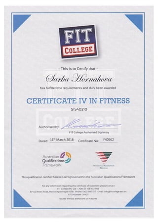 Fitness Certificate IV - Sarka Hornakova