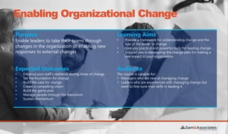 Enabling Organizational Change
Purpose
Enable leaders to take their teams through
changes in the organization or enabling new
responses to external changes
Learning Aims
• Provide a framework for understanding change and the
role of the leader in change
• Give you practical and powerful tools for leading change.
• Support you in developing the change plan for making a
real impact in your organization
Expected Outcomes
• Enhance your staff’s resiliency during times of change
• Set the foundation for change
• Build the case for change
• Create a compelling vision
• Build the game plan
• Manage people through the transitions
• Sustain momentum
Audience
The course is suitable for:
• Managers who are new at managing change
• Leaders who are experienced with managing change but
want to fine-tune their skills in leading it
 