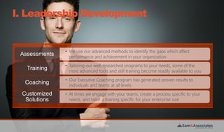 I. Leadership Development
• We use our advanced methods to identify the gaps which affect
performance and achievement in your organization
Assessments
• Tailoring our well-researched programs to your needs, some of the
most advanced tools and skill training become readily available to you
Training
• Our Executive Coaching program has generated proven results to
individuals and teams at all levels
Coaching
• At times we engage with your teams, create a process specific to your
needs, and tailor a training specific for your enterprise size
Customized
Solutions
 