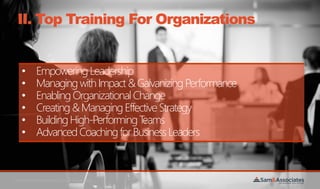©All Rights Reserved to Sam & Associates
II. Top Training For Organizations
• EmpoweringLeadership
• ManagingwithImpact&GalvanizingPerformance
• EnablingOrganizationalChange
• Creating&ManagingEffectiveStrategy
• BuildingHigh-PerformingTeams
• AdvancedCoachingforBusinessLeaders
 