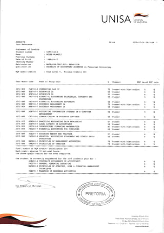 UNISA
Coment
u niversity
of south africa
SRSRG1 1 H
Your Reference :
Statement of Credits
Student number
Name
Previ-ous Surname
Date of Birth
Identity Number
Matriculat ion
Qual if icat ion
NQF specification
Year Month Code
087 84
5071 -924-3
NCUBE MLAMULI
't 986-09- 1 7
MATR/SEN. CERT, FULL EXEMPTlON
BACHELOR OF ACCOUNTING SCIENCES rn Financia] Accounting
Exit Level 7, Minimum Credits 360
Name of Study Unit
2015-07-16 08:16AM
NQF Ievel NQF crds
201 2 NOV CLA1 50- 3 COI,IIIERCrAL LAW 1 C
2012 MAY ECS150-1 ECONOMICS IA
2012 NOV ECS160-1 ECONOMICS rB
2012 MAY F'AC15O-2 FINANCIAL ACCOUNTING PRINCIPLES, CONC'P?S A}lD
PROCEDURES
20,13 MAY FAC160-1 FINANCIA;, ACCOUNTING REPORT]NG
2412 MAY MNB15O-1 BUSINESS MANAGEMENT 1A
2012 NOV MNB160-1 BUS]NESS MATiAGEMENT IB
75 Passed with Distinction
A9 !:ecai
59 Passed
75 Passed wi-th Distinction
59 Passed
5
5
6
5
6
5
6
12
12
12
12
12
12
12
201 3 MAY
201 3 MAY
62 Passed
53 Passed
AIN150-1 ACCOUNTING INFORMATION SYSTEMS IN A COMPUTER,
EN]/IRONIITENT
CBC]5O-1 COMMUNICATION IN BUS]NESS CONTEXTS
12
12
2014 ACT AIN26O-1 PRACTICAL ACCOUNTING DATA PROCESSING
2014 NOV AUE']60-1 LEGAL ASPECTS IN ACCOUNTANCY
2014 NOV DSC163-O INTRODUCTORY FINANCIAL MATHEMATICS
2014 NOV FAC26O-1 FINANCIAL ACCOUNTING FOR COMPANIES
61 Passed 6
59 Passed 6
91 Passed wrt: D:sirrctlon 6
62 Passed 6
12
12
12
12
*****************************i************************rrr*******************i******************************************xx
Total number of NQF credats accumulated: 204
Each credj-t equates l0 notional hours.
The above qualification has not been completed.
The student is currently registered for the 20T5 acade;:c year for :
AUE26O-2 CORPORATE GOVERNANCE IN ACCOUNTANCY
FAC370-1 GENERAL FINANCIAL REPORT;NG
MAC26A-2 PRINCIPLES OF STRATEGY, RISK & F:NA.CIAL MANAGEYJNT
TECHNIQUES
TAX37O-1 TAXATION OF BUSINESS ACTIVITIES
*************t*************************************xxii*************rx**************************+************************
2015 MAY AUE26O-1 AUDITING THEORY AND PRACTICE
2015 MAY FAC26O-2 SELECTED ACCOUNTING STANDARDS AND S:M"-E GRCJP
STRUCTURES
2015 MAY MAC26O-1 PRINCIPLES OF MANAGEMENT ACCOUNT]NG
2015 MAY TAX26O-1 PRINCIPLES OF IAXATION
51 Passec 6
55 Passed 6
78 ?assed with Distinction 6
78 Passed with Distinction 6
UniveBity of South Africa
Preller Street, Muckleneuk Ridge, City ofTshwane
PO Box 392 UNISA 0003 South Aftica
+27 12429 3111 Facsimile: +27 124294150
ww.unisuca
6
6
6
12
1Z
12
12
12
12
12
12
<-"*__*_-".-
*#6:,ar,,"?; --:'->
Telephone
 