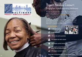 Project Homeless Connect:
Bringing hope to people experiencing homelessness
Through this city-wide effort, United Way and partners once
again brought together individuals and families facing or at-
risk for homelessness for a one-day resource fair. This event
provides a one-stop shop for critical services such as medical
and dental care, IDs, housing and shelter, employment,
clothing and more. Childcare at the event enabled families to
access services, and free shuttle services were offered to and
from shelters and soup kitchens. All participants received a
free lunch – no one left the event hungry.
FY 2015 Results:
1,450 participants
2,200 volunteers
150 on-site service providers
210 people met with a doctor
105 people received dental care
275 people received help from the
Social Security Administration
375 people received haircuts
B A L T I M O R E
PROJECT HOMELESS CONNECTTM
United Way of Central Maryland | FY 2015 Annual Report
11
 