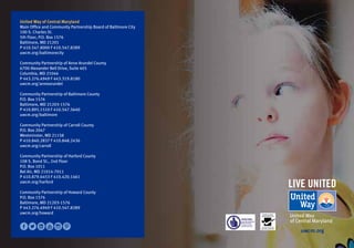 United Way of Central Maryland
Main Office and Community Partnership Board of Baltimore City
100 S. Charles St.
5th Floor, P.O. Box 1576
Baltimore, MD 21201
P 410.547.8000 F 410.547.8289
uwcm.org/baltimorecity
Community Partnership of Anne Arundel County
6700 Alexander Bell Drive, Suite 405
Columbia, MD 21046
P 443.276.4949 F 443.319.8180
uwcm.org/annearundel
Community Partnership of Baltimore County
P.O. Box 1576
Baltimore, MD 21203-­1576
P 410.895.1510 F 410.547.5640
uwcm.org/baltimore
Community Partnership of Carroll County
P.O. Box 2047
Westminster, MD 21158
P 410.840.2837 F 410.848.2436
uwcm.org/carroll
Community Partnership of Harford County
108 S. Bond St., 2nd Floor
P.O. Box 1011
Bel Air, MD 21014-­7011
P 410.879.6453 F 410.420.1461
uwcm.org/harford
Community Partnership of Howard County
P.O. Box 1576
Baltimore, MD 21203-­1576
P 443.276.4949 F 410.547.8289
uwcm.org/howard
uwcm.org
 