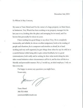 Yann Martel - Reference Letter
