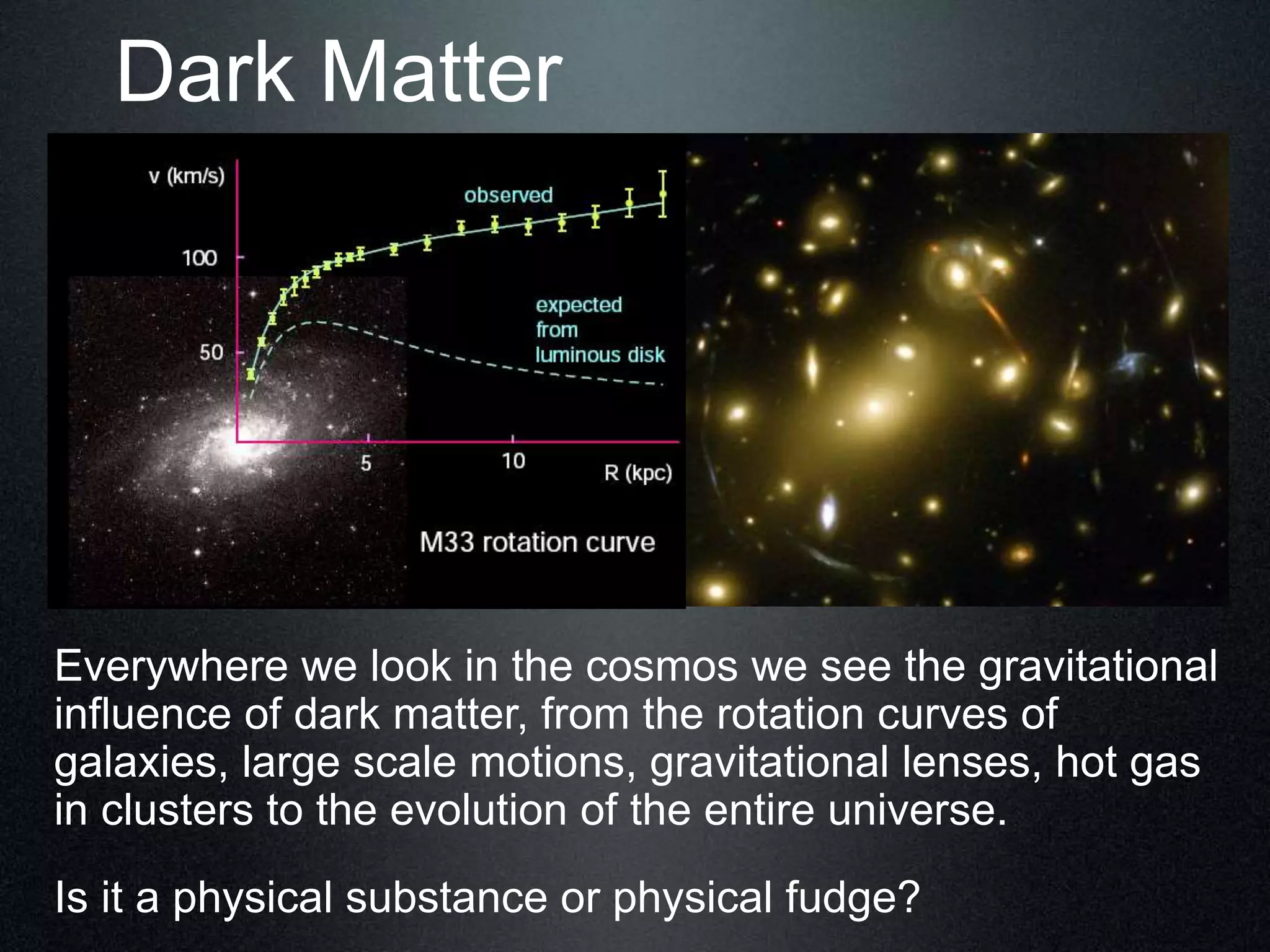 Dark Matter
Everywhere we look in the cosmos we see the gravitational
influence of dark matter, from the rotation curves of
galaxies, large scale motions, gravitational lenses, hot gas
in clusters to the evolution of the entire universe.
Is it a physical substance or physical fudge?
 
