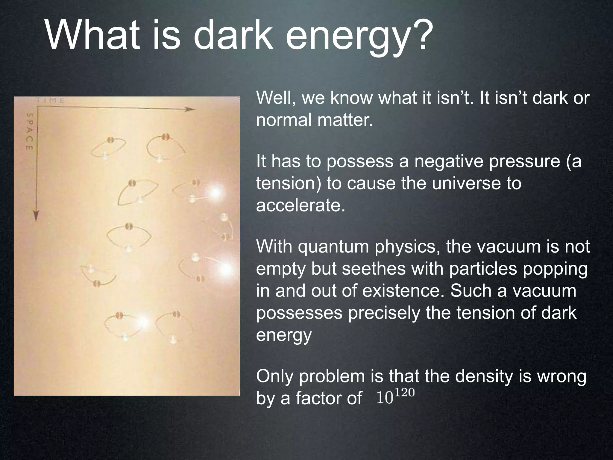 What is dark energy?
Well, we know what it isn’t. It isn’t dark or
normal matter.
It has to possess a negative pressure (a
tension) to cause the universe to
accelerate.
With quantum physics, the vacuum is not
empty but seethes with particles popping
in and out of existence. Such a vacuum
possesses precisely the tension of dark
energy
Only problem is that the density is wrong
by a factor of
 