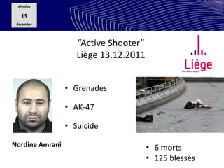 “Active Shooter”
Liège 13.12.2011
Nordine Amrani
• Grenades
• AK-47
• Suicide
• 6 morts
• 125 blessés
dinsdag
13
december
 