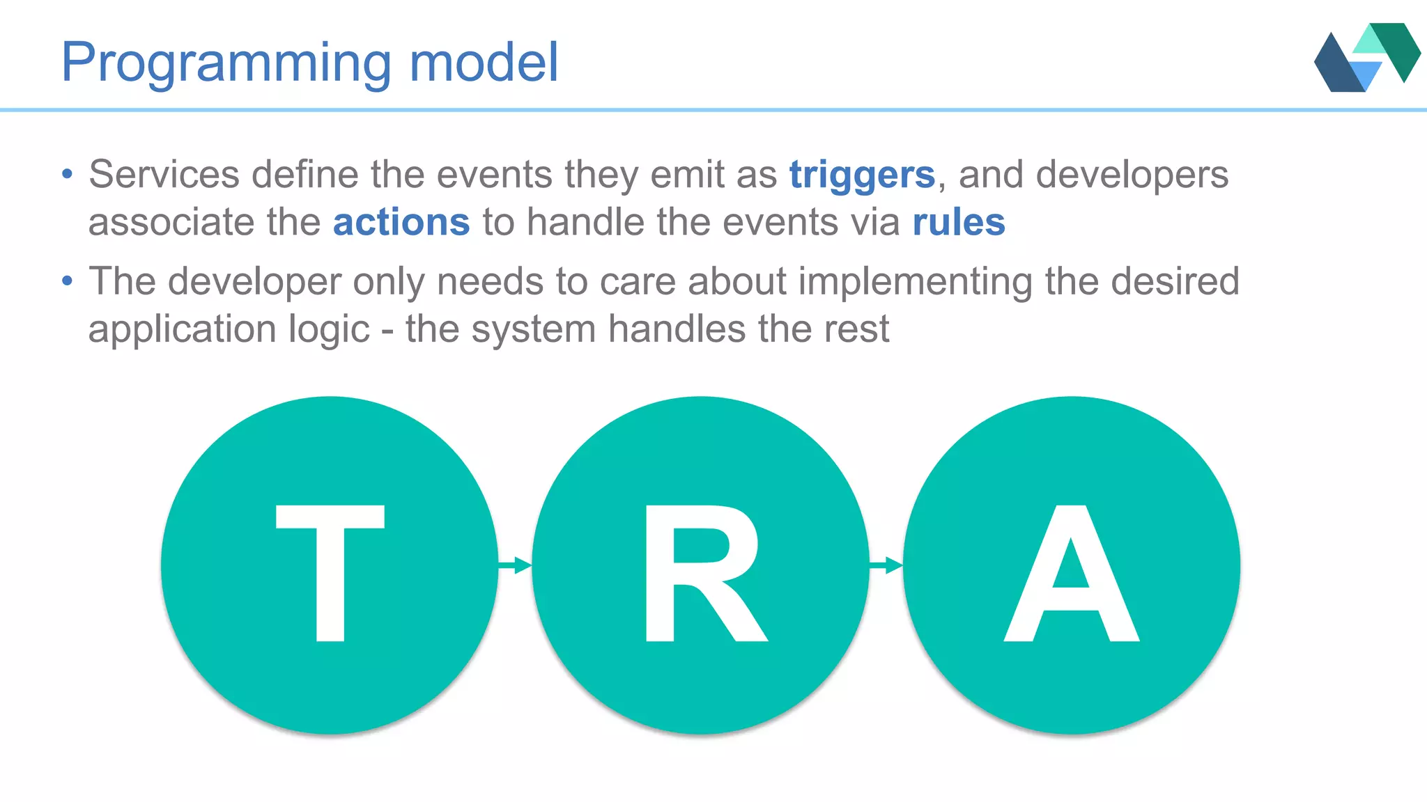 Programming model •  Services define the events they emit as triggers, and developers associate the actions to handle the events via rules •  The developer only needs to care about implementing the desired application logic - the system handles the rest T R A 