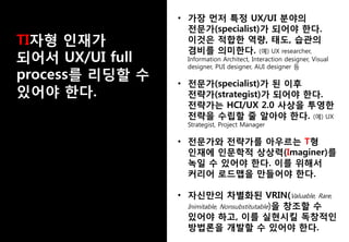 • 가장 먼저 특정 UX/UI 분야의
전문가(specialist)가 되어야 한다.
이것은 적합한 역량, 태도, 습관의
겸비를 의미한다. (예) UX researcher,
Information Architect, Interaction designer, Visual
designer, PUI designer, AUI designer 등
• 전문가(specialist)가 된 이후
전략가(strategist)가 되어야 한다.
전략가는 HCI/UX 2.0 사상을 투영한
전략을 수립할 줄 알아야 한다. (예) UX
Strategist, Project Manager
• 전문가와 전략가를 아우르는 T형
인재에 인문학적 상상력(Imaginer)를
녹일 수 있어야 한다. 이를 위해서
커리어 로드맵을 만들어야 한다.
• 자신만의 차별화된 VRIN(Valuable, Rare,
Inimitable, Nonsubstitutable)을 창조할 수
있어야 하고, 이를 실현시킬 독창적인
방법론을 개발할 수 있어야 한다.
 