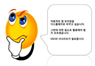 자동차의 옆 유리창을
디스플레이로 바꾸고 싶습니다.
그런데 어떤 용도로 활용해야 할
지 모르겠습니다.
UX/UI 시나리오가 필요합니다.
 