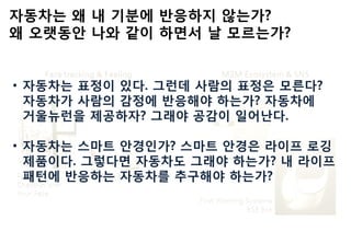 • 자동차는 표정이 있다. 그런데 사람의 표정은 모른다?
자동차가 사람의 감정에 반응해야 하는가? 자동차에
거울뉴런을 제공하자? 그래야 공감이 일어난다.
• 자동차는 스마트 안경인가? 스마트 안경은 라이프 로깅
제품이다. 그렇다면 자동차도 그래야 하는가? 내 라이프
패턴에 반응하는 자동차를 추구해야 하는가?
 