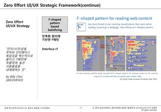 © 2014 성균관대학교 일반대학원 휴먼ICT융합학과 교수/InnoUX CEO 최병호
All rights reserved.
경영 혁신전략으로서의 UX, 질문의 질문을 디자인해라!
Zero Effort UI/UX Strategic Framework(continue)
Zero Effort
UI/UX Strategy
F-shaped
pattern
based
Satisficing
Interface=F
만족화 원리에
기반한 F패턴
HCI Quick Guide (Emanuel Fernandes, May 2010)
78
“인지/시각/운동
부하와 인터페이스
복잡성을 혁신적으로
줄이고, F패턴에
부흥하며, 높은
사용품질을
내재화하는 것”
by Billy Choi
(@ILOVEHCI)
 