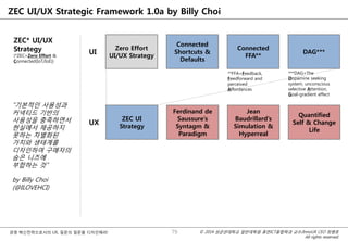 © 2014 성균관대학교 일반대학원 휴먼ICT융합학과 교수/InnoUX CEO 최병호
All rights reserved.
경영 혁신전략으로서의 UX, 질문의 질문을 디자인해라!
ZEC UI/UX Strategic Framework 1.0a by Billy Choi
ZEC* UI/UX
Strategy
(*ZEC=Zero Effort &
Connected(IoT/IoE))
UI
UX
Zero Effort
UI/UX Strategy
Connected
Shortcuts &
Defaults
Connected
FFA**
DAG***
ZEC UI
Strategy
Ferdinand de
Saussure’s
Syntagm &
Paradigm
Jean
Baudrillard’s
Simulation &
Hyperreal
Quantified
Self & Change
Life
**FFA=Feedback,
Feedforward and
perceived
Affordances
***DAG=The
Dopamine seeking
system, unconscious
selective Attention,
Goal-gradient effect
79
“기본적인 사용성과
커넥티드 기반의
사용성을 충족하면서
현실에서 제공하지
못하는 차별화된
가치와 생태계를
디자인하여 구매자의
숨은 니즈에
부합하는 것”
by Billy Choi
(@ILOVEHCI)
 