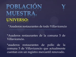 *Asaderos restaurantes de todo Villavicencio
*Asaderos restaurantes de la comuna 5 de
Villavicencio.
*asaderos restaurantes de pollo de la
comuna 5 de Villavicencio que actualmente
cuentan con un registro mercantil renovado.