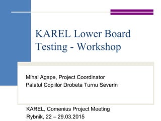 KAREL Lower Board
Testing - Workshop
Mihai Agape, Project Coordinator
Palatul Copiilor Drobeta Turnu Severin
KAREL, Comenius Project Meeting
Rybnik, 22 – 29.03.2015
 