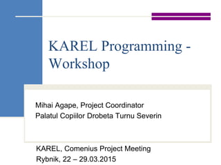 KAREL Programming -
Workshop
Mihai Agape, Project Coordinator
Palatul Copiilor Drobeta Turnu Severin
KAREL, Comenius Project Meeting
Rybnik, 22 – 29.03.2015
 