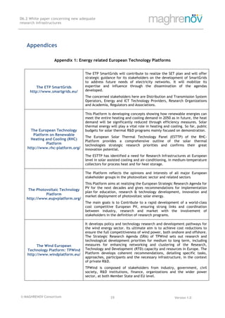 © MAGHRENOV Consortium Version 1.0
D6.2 White paper concerning new adequate
research infrastructures
	
	
19	
	
Appendices
Appendix 1: Energy related European Technology Platforms
The ETP SmartGrids
http://www.smartgrids.eu/
The ETP SmartGrids will contribute to realize the SET plan and will offer
strategic guidance for its stakeholders on the development of SmartGrids
to address future needs of electricity networks. It will mobilize its
expertise and influence through the dissemination of the agendas
developed.
The concerned stakeholders here are Distribution and Transmission System
Operators, Energy and ICT Technology Providers, Research Organizations
and Academia, Regulators and Associations.
The European Technology
Platform on Renewable
Heating and Cooling (RHC)
Platform
http://www.rhc-platform.org/
This Platform is developing concepts showing how renewable energies can
meet the entire heating and cooling demand in 2050 as in future, the heat
demand will be significantly reduced through efficiency measures. Solar
thermal energy will play a vital role in heating and cooling. So far, public
budgets for solar thermal R&D programs mainly focused on demonstration.
The European Solar Thermal Technology Panel (ESTTP) of the RHC-
Platform provides a comprehensive outline of the solar thermal
technologies strategic research priorities and confirms their great
innovation potential.
The ESTTP has identified a need for Research Infrastructures at European
level in solar assisted cooling and air-conditioning, in medium-temperature
collectors for process heat and for heat storage.
The Photovoltaic Technology
Platform
http://www.eupvplatform.org/
The Platform reflects the opinions and interests of all major European
stakeholder groups in the photovoltaic sector and related sectors
This Platform aims at realizing the European Strategic Research Agenda for
PV for the next decades and gives recommendations for implementation
plan for education, research & technology development, innovation and
market deployment of photovoltaic solar energy.
The main goals is to Contribute to a rapid development of a world-class
cost competitive European PV, ensuring strong links and coordination
between industry, research and market with the involvement of
stakeholders in the definition of research programs.
The Wind European
Technology Platform: TPWind
http://www.windplatform.eu/
It develops policy and technology research and development pathways for
the wind energy sector. Its ultimate aim is to achieve cost reductions to
ensure the full competitiveness of wind power, both onshore and offshore.
The Strategic Research Agenda (SRA) of TPWind sets out research and
technological development priorities for medium to long term, including
measures for enhancing networking and clustering of the Research,
Technology and Development (RTD) capacity and resources in Europe. The
Platform develops coherent recommendations, detailing specific tasks,
approaches, participants and the necessary infrastructure, in the context
of private R&D.
TPWind is composed of stakeholders from industry, government, civil
society, R&D institutions, finance, organizations and the wider power
sector, at both Member State and EU level.
 
