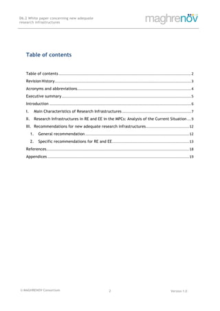 D6.2 White paper concerning new adequate
research infrastructures
© MAGHRENOV Consortium Version 1.0
	
2	
	
	
	
	
	
Table of contents
Table of contents	.................................................................................................................................	2	
Revision History	.....................................................................................................................................	3	
Acronyms and abbreviations	...............................................................................................................	4	
Executive summary	..............................................................................................................................	5	
Introduction	..........................................................................................................................................	6	
I.	 Main Characteristics of Research Infrastructures	...................................................................	7	
II.	 Research Infrastructures in RE and EE in the MPCs: Analysis of the Current Situation	....	9	
III.	 Recommendations for new adequate research infrastructures	..........................................	12	
1.	 General recommendation	.....................................................................................................	12	
2.	 Specific recommendations for RE and EE	...........................................................................	13	
References	...........................................................................................................................................	18	
Appendices	..........................................................................................................................................	19	
 