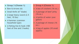  Group 3 (Choose 1)
 Bow & Arrows (6)
 Small Knife (6” blade)
 A large heavy sword (2.5
feet, 10 lbs)
 A hammer (common
household type)
 A fishing line & hook (100
feet of line and 3 hooks)
 Group 4 (Choose 1)
 A box of crackers (16 oz.)
 A package of beef jerky
(16 oz.)
 A bottle of water (one
gallon)
 A package of cheese (16
oz.)
 A bag of apples (10 small
apples)
 