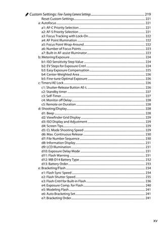 A Custom Settings: Fine-Tuning Camera Settings................................................................... 219
               Reset Custom Settings................................................................................................... 221
            a: Autofocus ........................................................................................................................... 221
               a1: AF-C Priority Selection ............................................................................................ 221
               a2: AF-S Priority Selection ............................................................................................ 221
               a3: Focus Tracking with Lock-On............................................................................... 222
               a4: AF Point Illumination .............................................................................................. 222
               a5: Focus Point Wrap-Around..................................................................................... 222
               a6: Number of Focus Points......................................................................................... 223
               a7: Built-in AF-assist Illuminator................................................................................. 223
            b: Metering/Exposure......................................................................................................... 224
               b1: ISO Sensitivity Step Value ..................................................................................... 224
               b2: EV Steps for Exposure Cntrl .................................................................................. 224
               b3: Easy Exposure Compensation ............................................................................. 225
               b4: Center-Weighted Area ........................................................................................... 226
               b5: Fine-tune Optimal Exposure................................................................................ 226
            c: Timers/AE Lock ................................................................................................................. 226
               c1: Shutter-Release Button AE-L ................................................................................ 226
               c2: Standby timer ............................................................................................................ 227
               c3: Self-Timer..................................................................................................................... 227
               c4: Monitor off Delay...................................................................................................... 228
               c5: Remote on Duration................................................................................................ 228
            d: Shooting/Display............................................................................................................. 228
               d1: Beep .............................................................................................................................. 228
               d2: Viewfinder Grid Display ......................................................................................... 229
               d3: ISO Display and Adjustment ................................................................................ 229
               d4: Screen Tips.................................................................................................................. 229
               d5: CL Mode Shooting Speed ..................................................................................... 229
               d6: Max. Continuous Release ...................................................................................... 230
               d7: File Number Sequence........................................................................................... 230
               d8: Information Display................................................................................................. 231
               d9: LCD Illumination....................................................................................................... 231
               d10: Exposure Delay Mode .......................................................................................... 231
               d11: Flash Warning ......................................................................................................... 231
               d12: MB-D14 Battery Type ........................................................................................... 232
               d13: Battery Order........................................................................................................... 233
            e: Bracketing/Flash .............................................................................................................. 234
               e1: Flash Sync Speed ...................................................................................................... 234
               e2: Flash Shutter Speed................................................................................................. 235
               e3: Flash Cntrl for Built-in Flash.................................................................................. 236
               e4: Exposure Comp. for Flash...................................................................................... 240
               e5: Modeling Flash.......................................................................................................... 241
               e6: Auto Bracketing Set................................................................................................. 241
               e7: Bracketing Order....................................................................................................... 241




                                                                                                                                                             xv
 