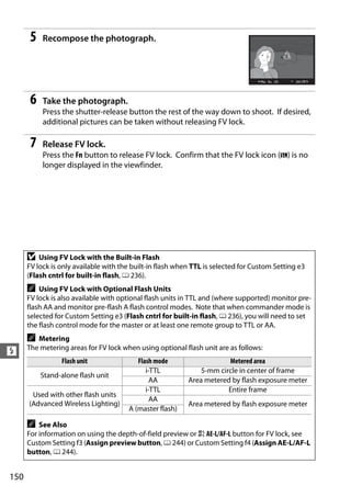 5   Recompose the photograph.




       6   Take the photograph.
           Press the shutter-release button the rest of the way down to shoot. If desired,
           additional pictures can be taken without releasing FV lock.

       7   Release FV lock.
           Press the Fn button to release FV lock. Confirm that the FV lock icon (e) is no
           longer displayed in the viewfinder.




      D   Using FV Lock with the Built-in Flash
      FV lock is only available with the built-in flash when TTL is selected for Custom Setting e3
      (Flash cntrl for built-in flash, 0 236).
      A   Using FV Lock with Optional Flash Units
      FV lock is also available with optional flash units in TTL and (where supported) monitor pre-
      flash AA and monitor pre-flash A flash control modes. Note that when commander mode is
      selected for Custom Setting e3 (Flash cntrl for built-in flash, 0 236), you will need to set
      the flash control mode for the master or at least one remote group to TTL or AA.
      A  Metering
      The metering areas for FV lock when using optional flash unit are as follows:
l
                 Flash unit               Flash mode                   Metered area
                                             i-TTL             5-mm circle in center of frame
           Stand-alone flash unit
                                               AA          Area metered by flash exposure meter
                                             i-TTL                     Entire frame
       Used with other flash units
                                               AA
      (Advanced Wireless Lighting)                         Area metered by flash exposure meter
                                       A (master flash)

      A   See Also
      For information on using the depth-of-field preview or A AE-L/AF-L button for FV lock, see
      Custom Setting f3 (Assign preview button, 0 244) or Custom Setting f4 (Assign AE-L/AF-L
      button, 0 244).


150
 