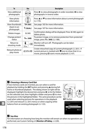 To              Use                               Description
      View additional                 Press 2 to view photographs in order recorded, 4 to view
       photographs                    photographs in reverse order.

        View photo                    Press 1 or 3 to view information about current photograph
        information                   (0 179).
      View thumbnails     W (S)       See page 185 for more information.
         Zoom in on
                          X (T)       See page 187 for more information.
        photograph
                                      Confirmation dialog will be displayed. Press O (Q) again to
       Delete images       O (Q)
                                      delete photo.
      Change protect                  To protect image, or to remove protection from protected
                          L (U)
          status                      image, press L (U) (0 188).
          Return to                   Monitor will turn off. Photographs can be taken
                                /K
       shooting mode                  immediately.
                                 Create retouched copy of current photograph (0 261). If
      Retouch photo or
                         c (b)/J current picture is marked with 1 icon to show that it is a
         play movie
                                 movie, pressing J starts movie playback (0 67).




      A    Choosing a Memory Card Slot
      If two memory cards are inserted, you can select a card for
      playback by holding the D button and pressing 1 during full-
      frame or thumbnail playback. The dialog shown at right will be
      displayed; highlight the desired slot and press 2 to list the folders
      on the selected card, then highlight a folder and press J to view
      the pictures in the highlighted folder. The same procedure can be
      used when selecting pictures for operations in the playback           D button
      (0 207) and retouch (0 261) menus or when copying white
I     balance from an existing photograph (0 125).




      A   See Also
      For information on choosing how long the monitor will remain on when no operations are
      performed, see Custom Setting c4 (Monitor off delay, 0 228).


178
 