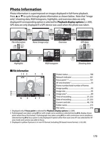 Photo Information
Photo information is superimposed on images displayed in full-frame playback.
Press 1 or 3 to cycle through photo information as shown below. Note that “image
only”, shooting data, RGB histograms, highlights, and overview data are only
displayed if corresponding option is selected for Playback display options (0 209).
GPS data are only displayed if a GPS device was used when the photo was taken.
                                     1/ 12                                                              1/ 12         NIKON D600

                                                                                                                                       L A T I T UD E           :N
                                                                                                                                                                : 3 5º 3 5. 9 7 1‘
                                                                                                                                       L ONG I T U D E          :E
                                                                                                                                                                : 1 3 9º 4 3. 6 9 6‘
                                                                                                                                       A L T I T UD E           : 3 5m
                                                                                             1/ 125   F5. 6     100        85mm        T I M E (U T C )         : 15 / 04 / 2012
                                                                                                                                                                : 01 : 15 : 00

                                                                                              0, 0
  100ND600 DSC_0001. JPG           N OR AL
                                     ORMAL                                            100ND600 DSC_0001. JPG              N OR AL
                                                                                                                            ORMAL
15 / 04 / 2012 10: 02: 28       6016x4016                                           15 / 04 / 2012 10: 02: 28          6016x4016    N I KON D600                                         100-1

  File information                           None (image only)                                 Overview                                             GPS data


                                    100-1
                                                                                                                                       M T R , S P D, A P .     : , 1 / 1 25 , F 5 . 6
                                                                                                                                       E X P . MO D E , I S O   : , 100
                                                                                                                                                                : 0. 0 , + 1 / 6
                                                                                                                                       F O C A L L E NG T H     : 8 5 mm
                                                                                                                                       L ENS                    : 85         / 1. 4
                                                                                                                                       A F / VR                 :S
                                                                                                                                       F L ASH T YP E           :
                                                               Highlights   100-1                                                      S Y N C MO D E           :
                                                                                                                                         ,                      :



RGB Highlights              Select R, G, B                     RGB                  Select R, G, B                                  N I KON D600                                         100-1

        Highlights                                                RGB histogram                                                          Shooting data


❚❚ File Information
                                                                                1        Protect status ................................................... 188
                                                       1/ 12                    2        Retouch indicator ........................................... 261
                                                                                3        Focus point 1, 2 .................................................. 101
                                                                                4        AF area brackets 1...............................................33
                                                                                5        Frame number/total number of frames
                                                                                6        Image quality ......................................................93
                                                                                7        Image size.............................................................95
                   100ND600 DSC_0001. JPG            N OR AL
                                                       ORMAL                    8        Image area 3 .........................................................89
                 15 / 04 / 2012 10: 02: 28        6016x4016
                                                                                         Time of recording .................................... 27, 253
                                                                                9
                                                                               10        Date of recording..................................... 27, 253
                                                                               11        Current card slot....................................... 46, 178
                                                                               12        Folder name...................................................... 215
                                                                               13        File name............................................................ 216
1 Displayed only if Focus point is selected for Playback display options (0 209).                                                                                                                 I
2 If photograph was taken using AF-S or with single-servo autofocus selected during AF-A, display shows
  point where focus first locked. If photograph was taken using AF-C or with continuous-servo autofocus
  selected during AF-A, focus point is only displayed if option other than auto-area AF was selected for AF-
  area mode and camera was able to focus.
3 Displayed in yellow if picture is in non-FX format (including DX-based movie format; 0 63, 89).




                                                                                                                                                                                                 179
 