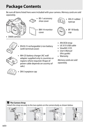 Package Contents
   Be sure all items listed here were included with your camera. Memory cards are sold
   separately.
                                          • BS-1 accessory                   • DK-21 rubber
                                            shoe cover                         eyecup


                                          • BM-14 monitor                    • BF-1B body
                                            cover                              cap

   • D600 camera

                                                                   • AN-DC8 strap
                    • EN-EL15 rechargeable Li-ion battery          • UC-E15 USB cable
                      (with terminal cover)                        • ViewNX 2 CD
                                                                   • User’s Manual
                                                                     (this guide)
                    • MH-25 battery charger (AC wall               • Warranty
                      adapter supplied only in countries or
                      regions where required. Shape of             Memory cards are sold
                      power cable depends on country of            separately.
                      sale.)

                    • DK-5 eyepiece cap




       A   The Camera Strap
       Attach the strap securely to the two eyelets on the camera body as shown below.




xxiv
 