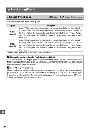 e: Bracketing/Flash

      e1: Flash Sync Speed                                  G button ➜ A Custom Settings menu

      This option controls flash sync speed.
          Option                                           Description
                      Auto FP high-speed sync is used when a compatible flash unit is attached
                      (0 294). If the built-in flash or other flash units are used, shutter speed is set
           1/250 s
                      to 1/250 s. When the camera shows a shutter speed of 1/250 s in mode P or A,
          (Auto FP)
                      auto FP high-speed sync will be activated if the actual shutter speed is faster
                      than 1/250 s.
                      Auto FP high-speed sync is used when a compatible flash unit is attached
                      (0 294). If the built-in flash or other flash units are used, shutter speed is set
           1/200 s
                      to 1/200 s. When the camera shows a shutter speed of 1/200 s in mode P or A,
          (Auto FP)
                      auto FP high-speed sync will be activated if the actual shutter speed is faster
                      than 1/200 s.
       1/200 s–1/60 s Flash sync speed set to selected value.

      A    Fixing Shutter Speed at the Flash Sync Speed Limit
      To fix shutter speed at the sync speed limit in mode S or M, select the next shutter speed after
      the slowest possible shutter speed (30 s or bulb). An X (flash sync indicator) will be displayed
      in the viewfinder and control panel.
      A   Auto FP High-Speed Sync
      Allows the flash to be used at the highest shutter speed supported by the camera, making it
      possible to choose the maximum aperture for reduced depth of field even when the subject
      is backlit in bright sunlight. The information display flash mode indicator shows “FP” when
      auto FP high-speed sync is active (0 295).




U



234
 