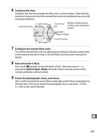 6   Compose the shot.
    Compose the shot and arrange the flash units as shown below. Note that the
    maximum distance at which the remote flash units can be placed may vary with
    shooting conditions.

                                   60 ° or less   5 m/15 ft or     Wireless remote sensors
                                                  less             on flash units should face
       10 m/33 ft or less    30 ° or less
                                                                   camera.
                                                     Camera
                                                     (built-in flash)
                            30 ° or less
                                                  5 m/15 ft or less
                                   60 ° or less


7   Configure the remote flash units.
    Turn all the remote flash units on, adjust group settings as desired, and set them
    to the channel selected in Step 4. See the flash unit instruction manuals for
    details.

8   Raise the built-in flash.
    Press the M (Y) button to raise the built-in flash. Note that even if – – is
    selected for Built-in flash>Mode, the built-in flash must be raised so that
    monitor preflashes will be emitted.

9   Frame the photograph, focus, and shoot.
    After confirming that the camera flash-ready light and the flash-ready lights for
    all other flash units are lit, frame the photograph, focus, and shoot. FV lock
    (0 149) can be used if desired.




                                                                                                 U



                                                                                                239
 
