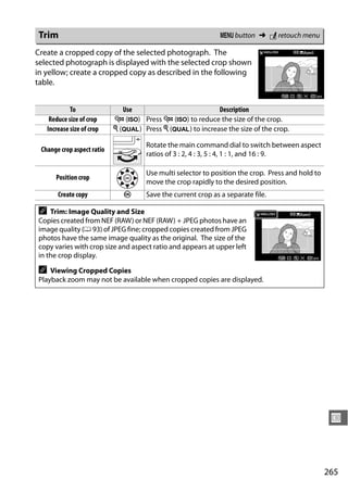 Trim                                                          G button ➜ N retouch menu

Create a cropped copy of the selected photograph. The
selected photograph is displayed with the selected crop shown
in yellow; create a cropped copy as described in the following
table.


             To                Use                     Description
     Reduce size of crop    W (S) Press W (S) to reduce the size of the crop.
    Increase size of crop   X (T) Press X (T) to increase the size of the crop.

                                     Rotate the main command dial to switch between aspect
 Change crop aspect ratio
                                     ratios of 3 : 2, 4 : 3, 5 : 4, 1 : 1, and 16 : 9.

                                     Use multi selector to position the crop. Press and hold to
       Position crop
                                     move the crop rapidly to the desired position.
        Create copy            J     Save the current crop as a separate file.

A   Trim: Image Quality and Size
Copies created from NEF (RAW) or NEF (RAW) + JPEG photos have an
image quality (0 93) of JPEG fine; cropped copies created from JPEG
photos have the same image quality as the original. The size of the
copy varies with crop size and aspect ratio and appears at upper left
in the crop display.

A   Viewing Cropped Copies
Playback zoom may not be available when cropped copies are displayed.




                                                                                                   U



                                                                                                  265
 