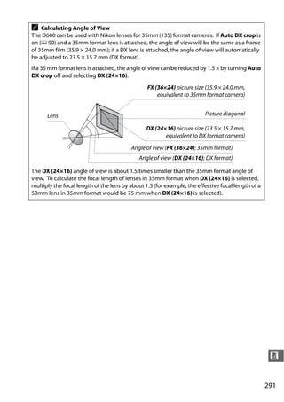 A   Calculating Angle of View
The D600 can be used with Nikon lenses for 35mm (135) format cameras. If Auto DX crop is
on (0 90) and a 35mm format lens is attached, the angle of view will be the same as a frame
of 35mm film (35.9 × 24.0 mm); if a DX lens is attached, the angle of view will automatically
be adjusted to 23.5 × 15.7 mm (DX format).
If a 35 mm format lens is attached, the angle of view can be reduced by 1.5 × by turning Auto
DX crop off and selecting DX (24×16).
                                                FX (36×24) picture size (35.9 × 24.0 mm,
                                                    equivalent to 35mm format camera)


      Lens                                                              Picture diagonal

                                                DX (24×16) picture size (23.5 × 15.7 mm,
                                                       equivalent to DX format camera)
                                         Angle of view (FX (36×24); 35mm format)
                                             Angle of view (DX (24×16); DX format)

The DX (24×16) angle of view is about 1.5 times smaller than the 35mm format angle of
view. To calculate the focal length of lenses in 35mm format when DX (24×16) is selected,
multiply the focal length of the lens by about 1.5 (for example, the effective focal length of a
50mm lens in 35mm format would be 75 mm when DX (24×16) is selected).




                                                                                                    n


                                                                                                   291
 