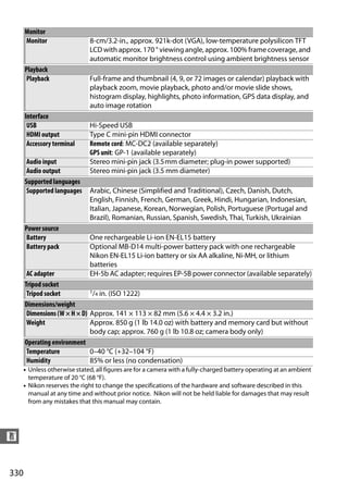 Monitor
      Monitor                 8-cm/3.2-in., approx. 921k-dot (VGA), low-temperature polysilicon TFT
                              LCD with approx. 170 ° viewing angle, approx. 100% frame coverage, and
                              automatic monitor brightness control using ambient brightness sensor
      Playback
      Playback                Full-frame and thumbnail (4, 9, or 72 images or calendar) playback with
                              playback zoom, movie playback, photo and/or movie slide shows,
                              histogram display, highlights, photo information, GPS data display, and
                              auto image rotation
      Interface
       USB                    Hi-Speed USB
       HDMI output            Type C mini-pin HDMI connector
       Accessory terminal     Remote cord: MC-DC2 (available separately)
                              GPS unit: GP-1 (available separately)
       Audio input            Stereo mini-pin jack (3.5mm diameter; plug-in power supported)
       Audio output           Stereo mini-pin jack (3.5 mm diameter)
      Supported languages
       Supported languages    Arabic, Chinese (Simplified and Traditional), Czech, Danish, Dutch,
                              English, Finnish, French, German, Greek, Hindi, Hungarian, Indonesian,
                              Italian, Japanese, Korean, Norwegian, Polish, Portuguese (Portugal and
                              Brazil), Romanian, Russian, Spanish, Swedish, Thai, Turkish, Ukrainian
      Power source
       Battery                One rechargeable Li-ion EN-EL15 battery
       Battery pack           Optional MB-D14 multi-power battery pack with one rechargeable
                              Nikon EN-EL15 Li-ion battery or six AA alkaline, Ni-MH, or lithium
                              batteries
       AC adapter             EH-5b AC adapter; requires EP-5B power connector (available separately)
      Tripod socket
       Tripod socket          1/4 in. (ISO 1222)

      Dimensions/weight
       Dimensions (W × H × D) Approx. 141 × 113 × 82 mm (5.6 × 4.4 × 3.2 in.)
       Weight                 Approx. 850 g (1 lb 14.0 oz) with battery and memory card but without
                              body cap; approx. 760 g (1 lb 10.8 oz; camera body only)
      Operating environment
       Temperature            0–40 °C (+32–104 °F)
       Humidity               85% or less (no condensation)
      • Unless otherwise stated, all figures are for a camera with a fully-charged battery operating at an ambient
        temperature of 20 °C (68 °F).
      • Nikon reserves the right to change the specifications of the hardware and software described in this
        manual at any time and without prior notice. Nikon will not be held liable for damages that may result
        from any mistakes that this manual may contain.




n


330
 