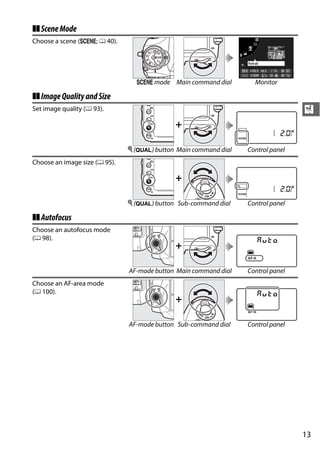 ❚❚ Scene Mode
Choose a scene (h; 0 40).




                                 h mode Main command dial           Monitor

❚❚ Image Quality and Size
Set image quality (0 93).                                                         X
                                             +

                               X (T) button Main command dial     Control panel
Choose an image size (0 95).

                                             +

                               X (T) button Sub-command dial      Control panel

❚❚ Autofocus
Choose an autofocus mode
(0 98).
                                             +

                               AF-mode button Main command dial   Control panel
Choose an AF-area mode
(0 100).
                                             +

                               AF-mode button Sub-command dial    Control panel




                                                                                  13
 