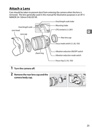Attach a Lens
Care should be taken to prevent dust from entering the camera when the lens is
removed. The lens generally used in this manual for illustrative purposes is an AF-S
NIKKOR 24-120mm f/4G ED VR.
                                                   Focal length scale index

                                                   Mounting index
          Focal length scale
  Lens hood                                        CPU contacts (0 287)
                                                                                       X
              Lens cap
                                                          Rear lens cap

                                                   Focus mode switch (0 26, 103)


                                                   Vibration reduction ON/OFF switch
                               Zoom ring
                                                   Vibration reduction mode switch

                                                   Focus ring (0 55, 103)



 1   Turn the camera off.

 2   Remove the rear lens cap and the
     camera body cap.




                                                                                       25
 