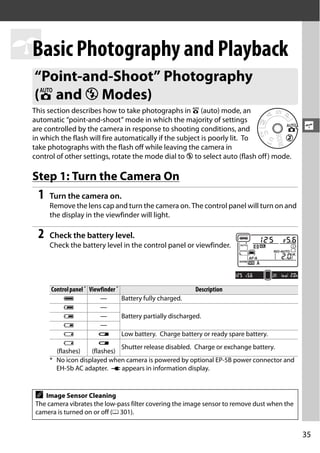 s Photography and Playback
 Basic
  “Point-and-Shoot” Photography
  (i and j Modes)
  This section describes how to take photographs in i (auto) mode, an
  automatic “point-and-shoot” mode in which the majority of settings
  are controlled by the camera in response to shooting conditions, and                         s
  in which the flash will fire automatically if the subject is poorly lit. To
  take photographs with the flash off while leaving the camera in
  control of other settings, rotate the mode dial to j to select auto (flash off) mode.

  Step 1: Turn the Camera On
   1   Turn the camera on.
       Remove the lens cap and turn the camera on. The control panel will turn on and
       the display in the viewfinder will light.

   2   Check the battery level.
       Check the battery level in the control panel or viewfinder.




        Control panel * Viewfinder *                            Description
             L               —       Battery fully charged.
             K               —
             J               —       Battery partially discharged.
             I               —
             H              d        Low battery. Charge battery or ready spare battery.
             H              d
                                     Shutter release disabled. Charge or exchange battery.
          (flashes)      (flashes)
       * No icon displayed when camera is powered by optional EP-5B power connector and
          EH-5b AC adapter. V appears in information display.


   A  Image Sensor Cleaning
   The camera vibrates the low-pass filter covering the image sensor to remove dust when the
   camera is turned on or off (0 301).


                                                                                               35
 