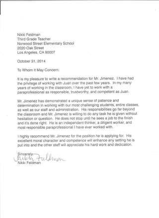 Teacher Letter of Recommendation