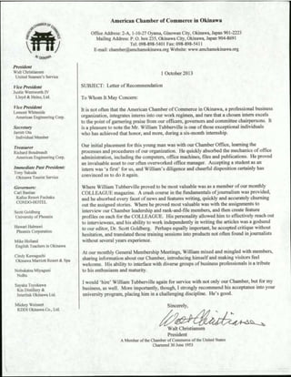 American Chamber of Commerce in Okinawa Reference Letter
